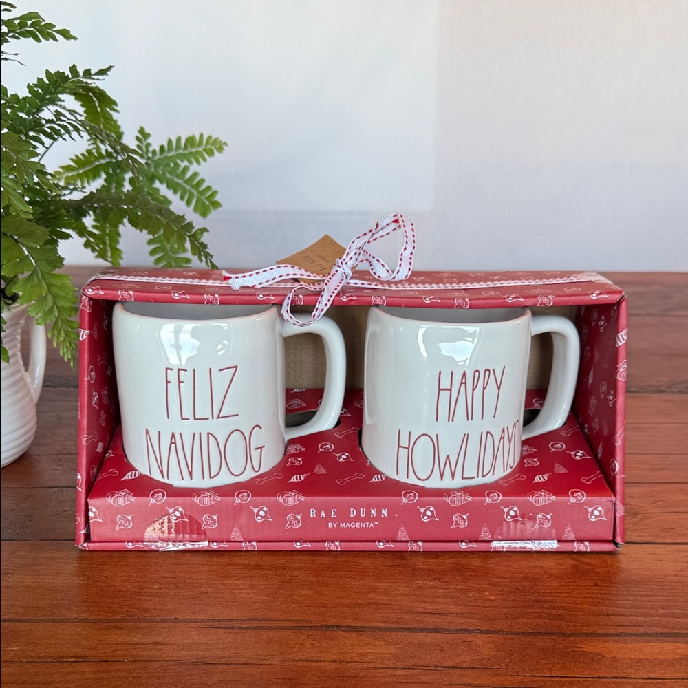 Rae Dunn Feliz Navidog and Happy Howlidays Mug Set - White and Red